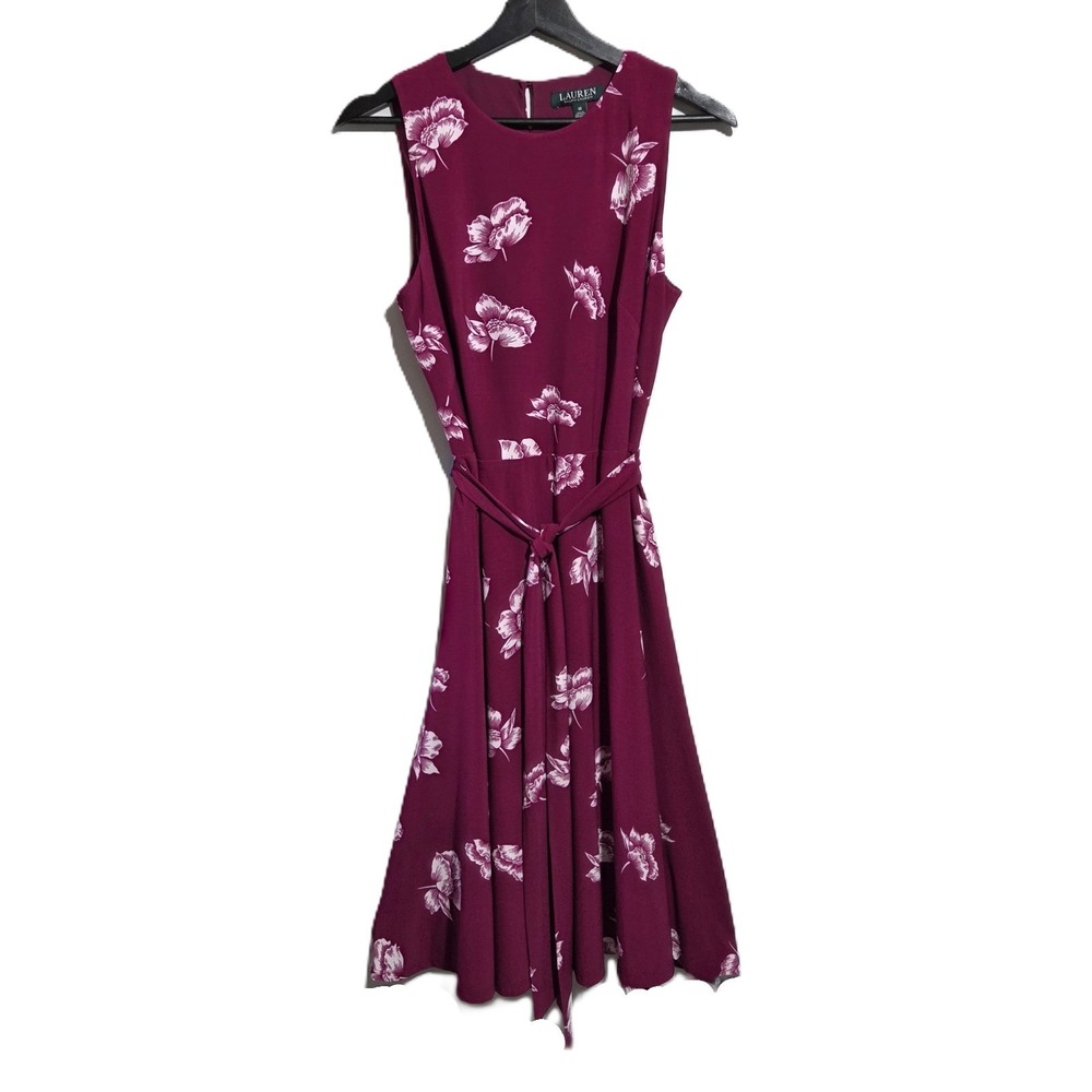 Lauren Ralph Lauren Women's Dress Sz 10 Pink Burgandy Floral Fit & Flare - Picture 2 of 9